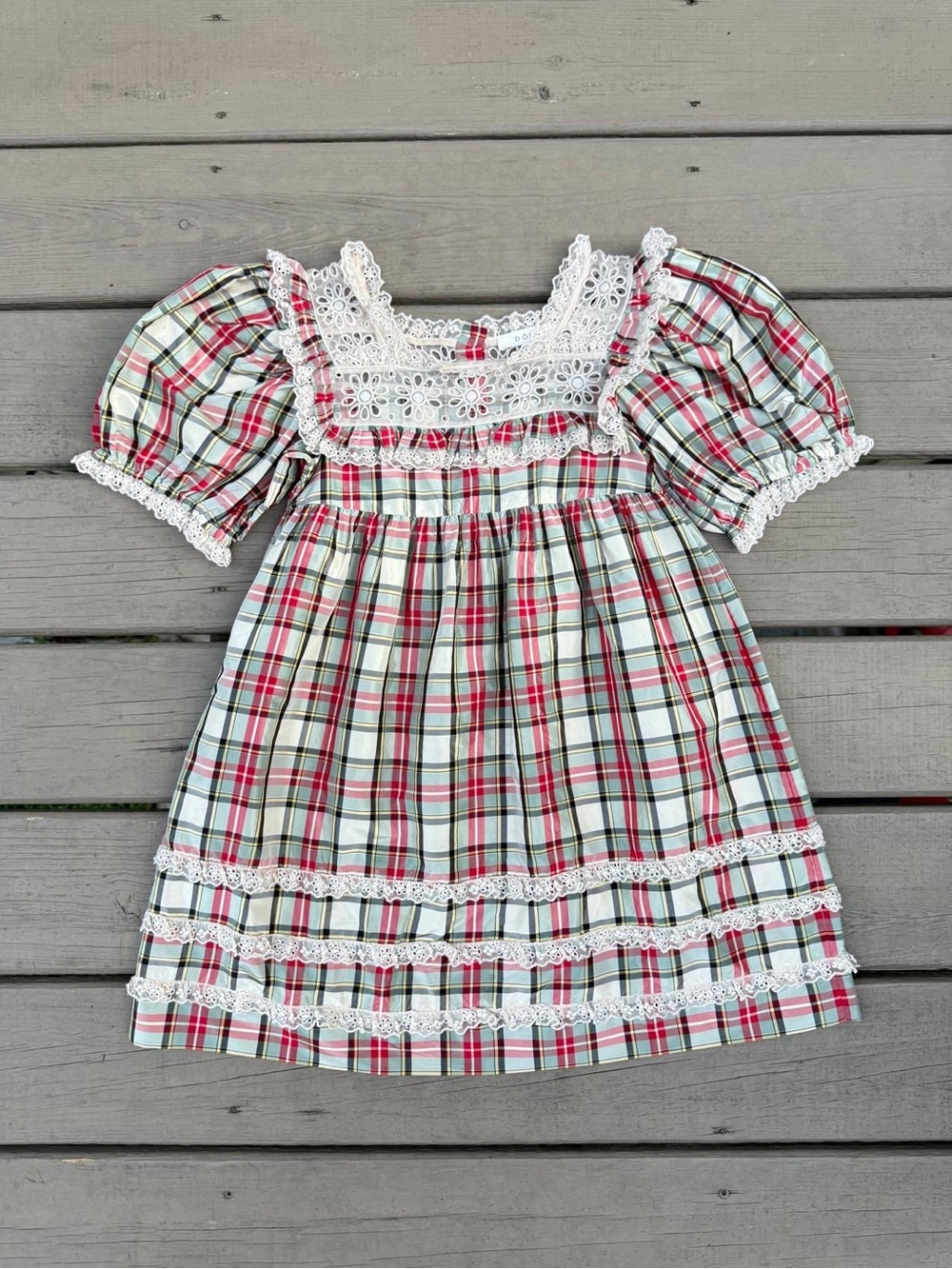 Doen Plaid Lace Trim Puff Sleeve Dress in Red, Green & White